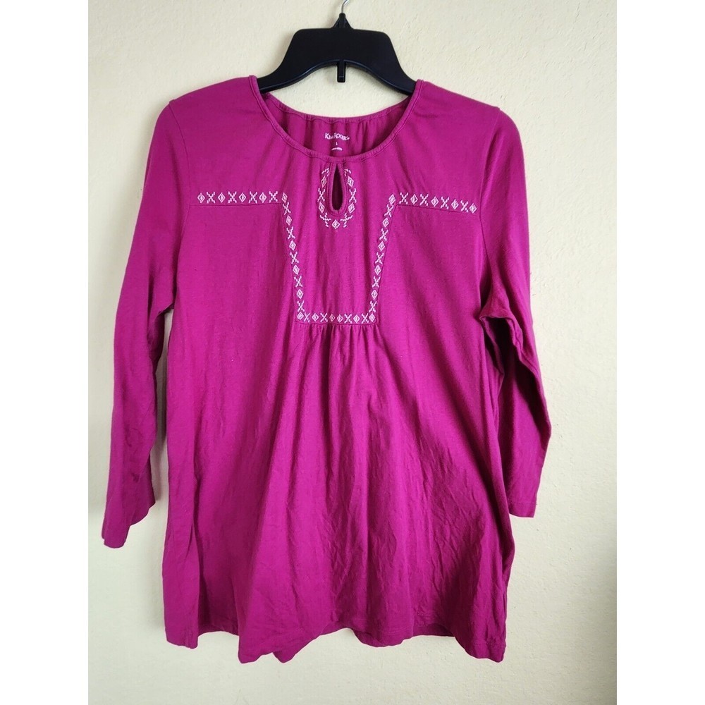 Kim Rogers Top Womens Large L magenta Key Hole Front Embroidered Long Sleeve